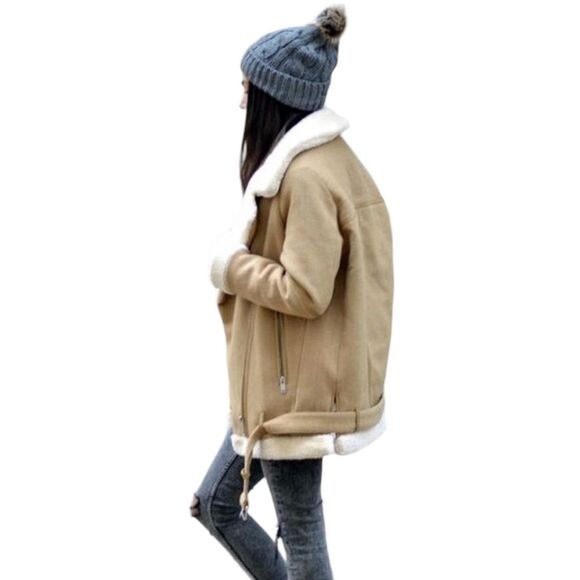 Zara Basic Wool Sherpa Blend Long Sleeve Coat.  Tan/Cream. Medium. Streetwear. - Picture 3 of 16
